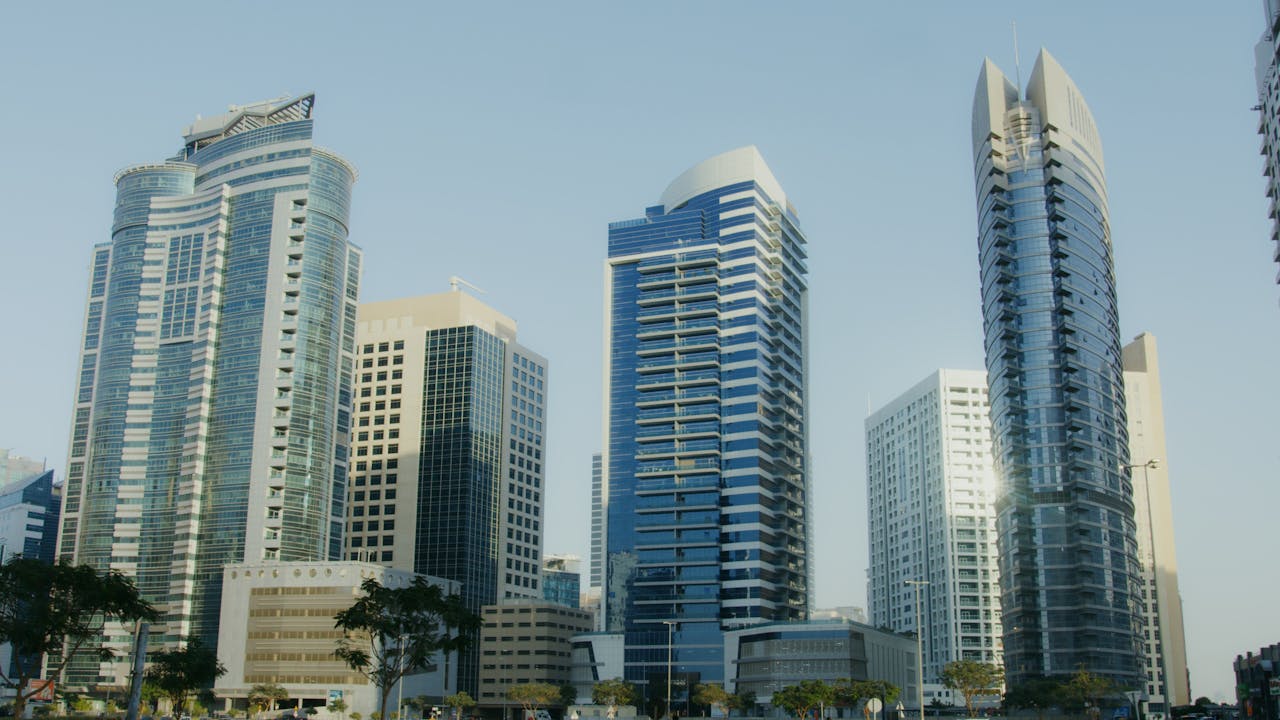 A stunning view of modern skyscrapers in Dubais skyline during daylight.